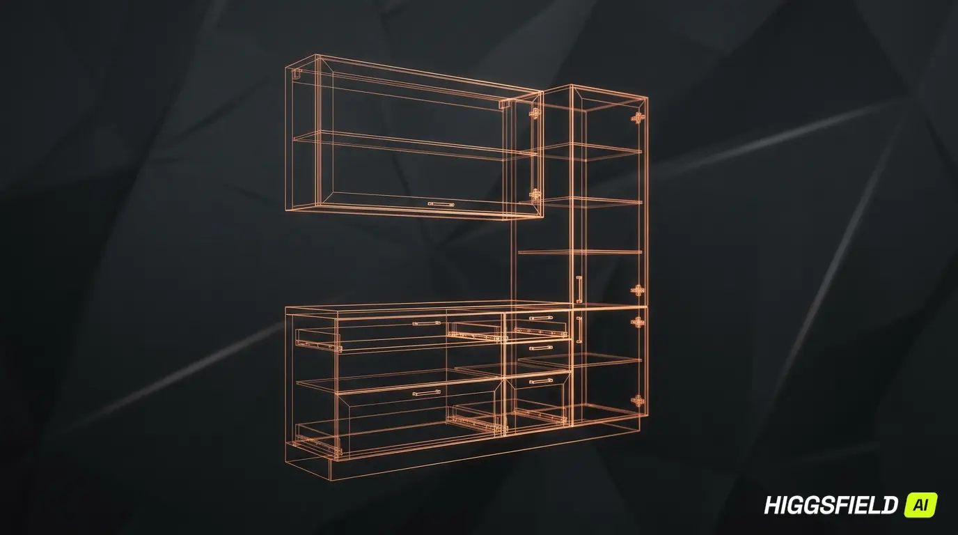 Wireframe em linhas cobre de um módulo de cozinha sobre fundo grafite