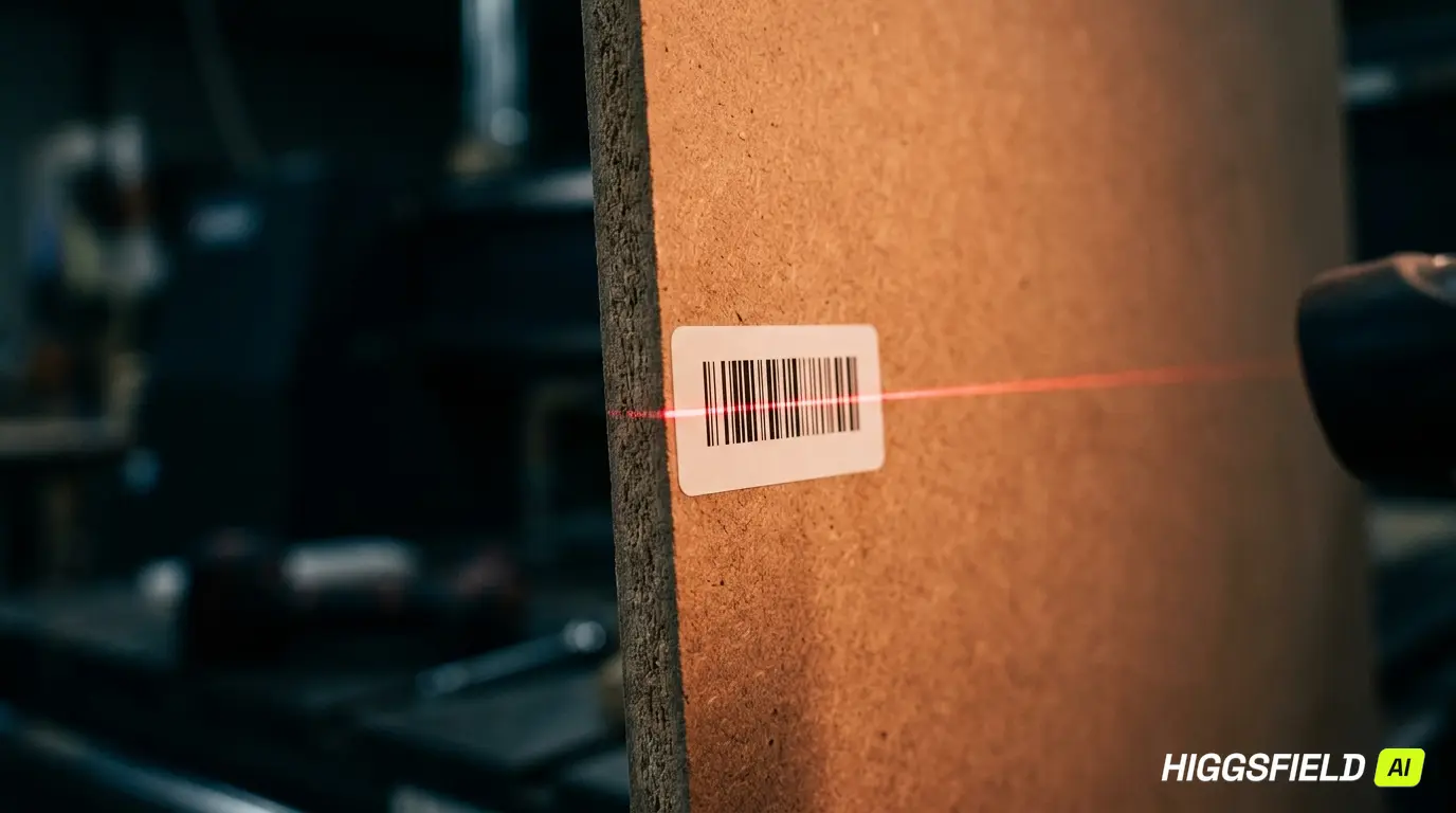 Etiqueta de código de barras numa chapa de MDF sendo lida pelo scanner
