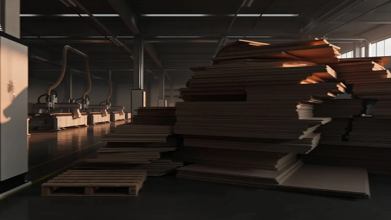 Chão de fábrica da marcenaria com chapas de MDF acumuladas ao lado das estações de trabalho: o gargalo que o painel aponta